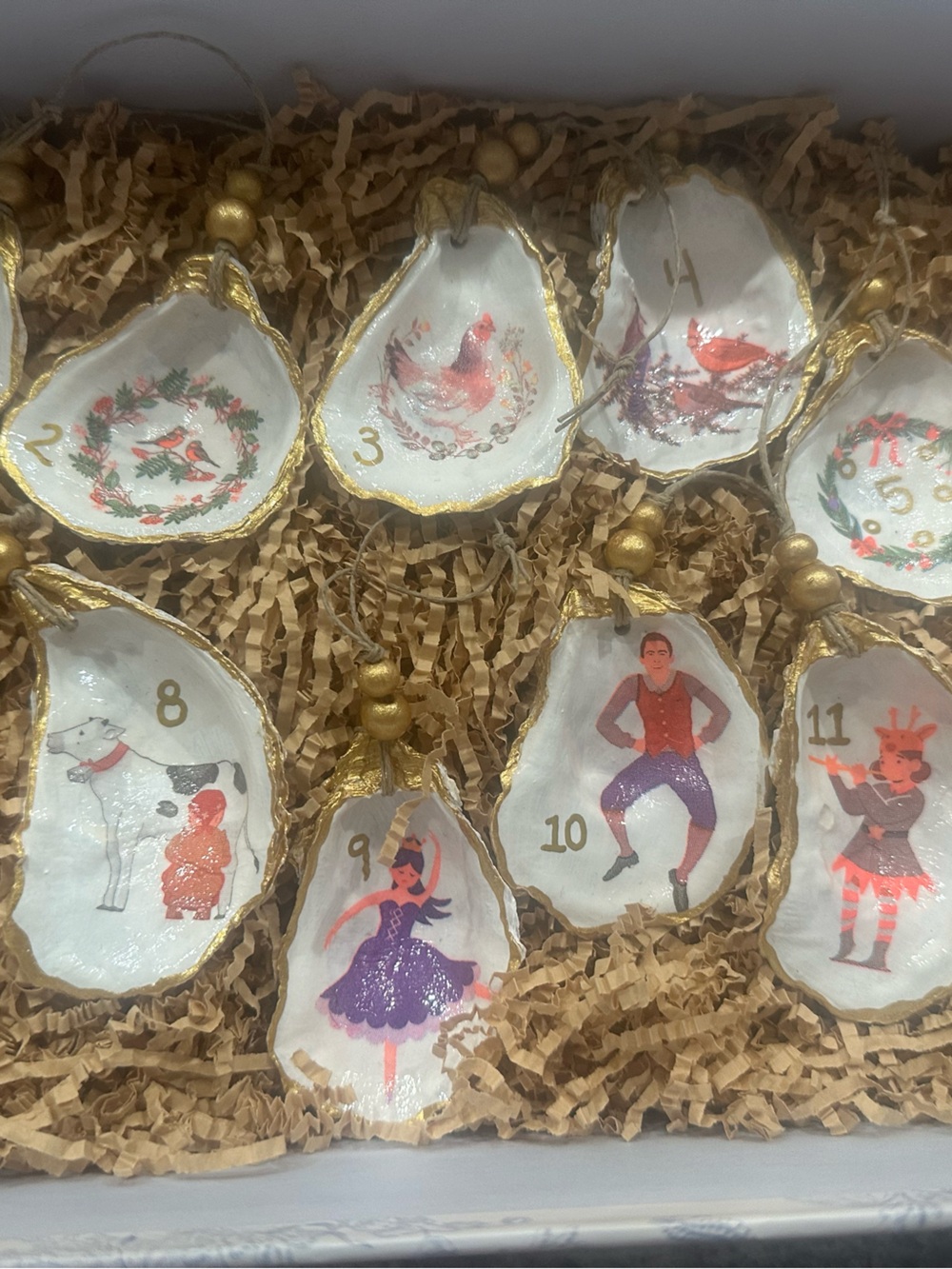 Handmade 12 days of Christmas oyster Shell Ornament Set - Holiday Countdown set